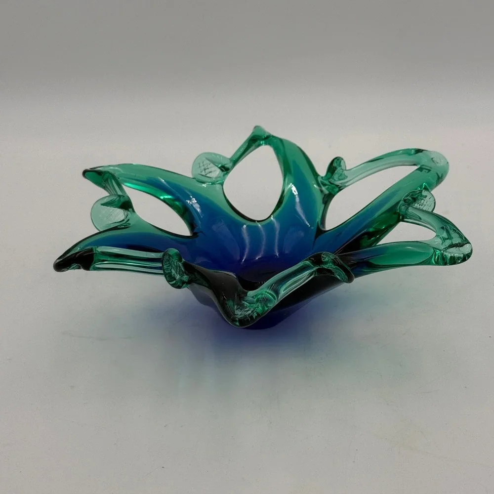 Vintage Art Glass Starburst Bowl Blue Green Hand Blown Centerpiece 9 Inch